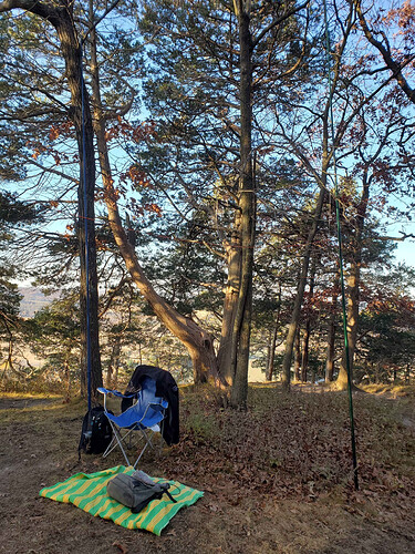 Operating position with chair and deployed wire antennas