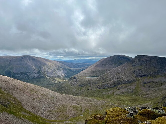 Looking back at Angel's Peak (right), Cairn Toul (left of AP) and Ben Macdui on left