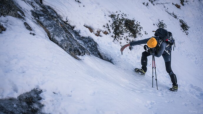 Wide view of icy avalanche paths.