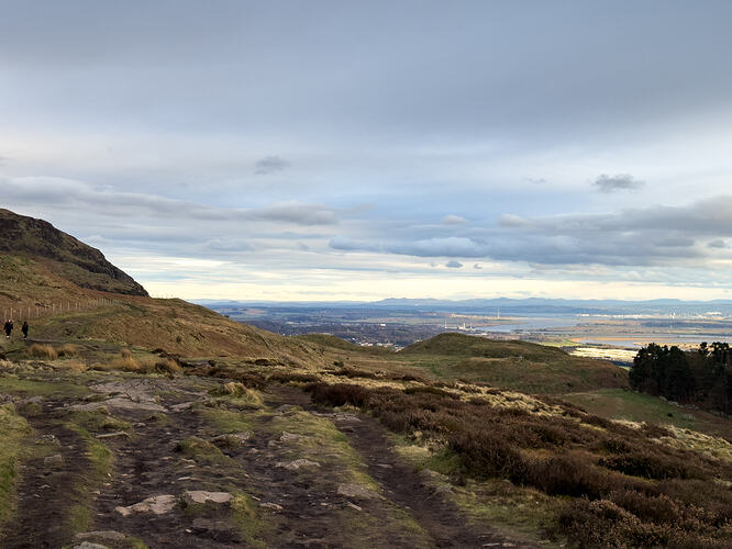 View along the eroded path towards the Pentland Hills and Forth Valley