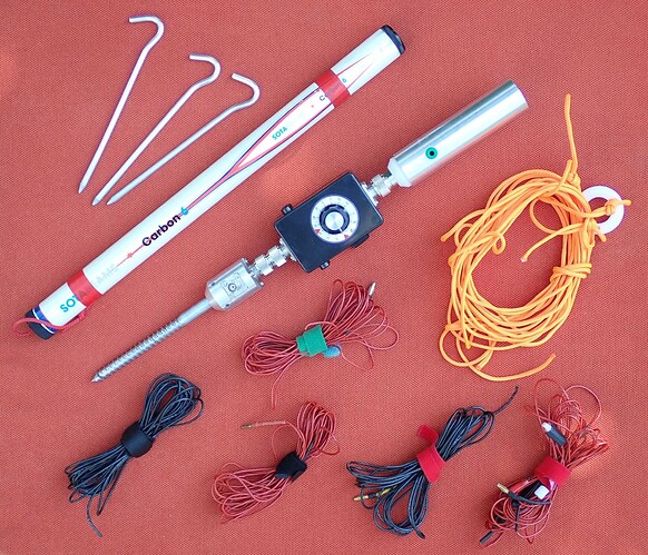 Short vertical antenna with base loading coil, radials and guylines