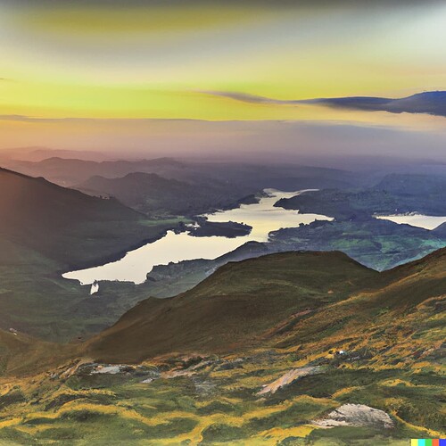 DALL·E 2023-01-14 20.13.23 - A view from on top of a mountain in the Lakes District at sunset in a realistic style