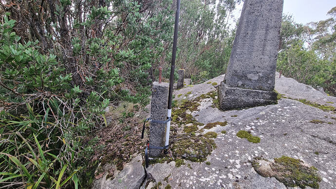 Mast strapped to concrete stump.