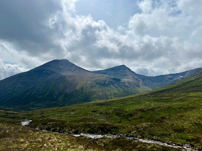 Looking up at Cairn Toul and Angel's Peak on the way back