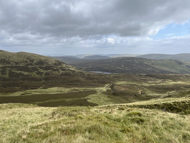 Looking back towards Loch Skeen across pathless ascent route.