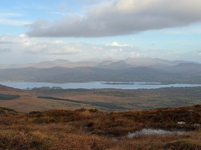Broader view onto Kenmare river and the Iveragh peninsula mountains.
