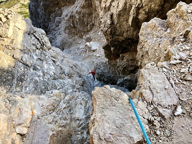Rappelling to the lower part of the route
