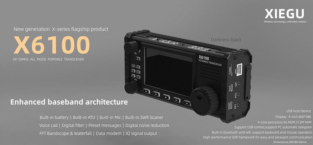 Xiegu X6100 HF Transceiver, Full Mode SDR, ATU, Battery