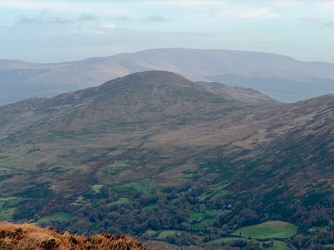 Round peak of Killaha mountain. Far in the background the flat top of Mangerton can be seen.