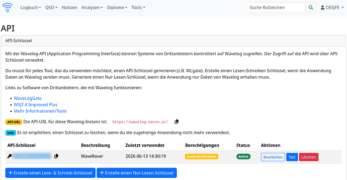 Wavelog API Schlüssel anlegen