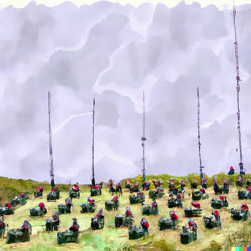 DALL·E 2023-01-14 13.23.20 - In the style of a lowrey painting. Twenty ham radio operators, with handheld yaesu radios, on top of a hill