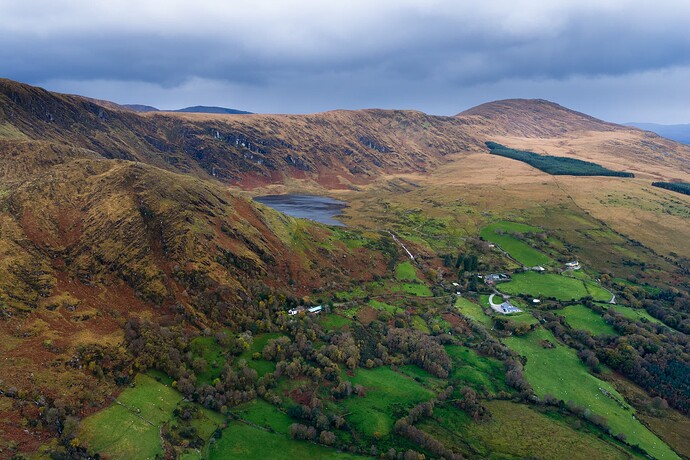 Aerial view from above Drombane onto Cummer Lough and the peak of Feorus East (right).
