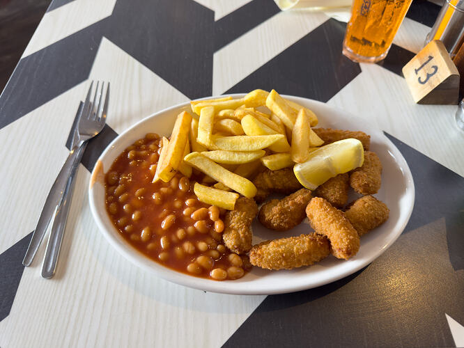 Scampi, chips & beans at the Ballinluig Motorgrill