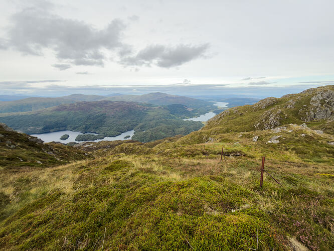 Just below the summit, looking towards Lochs Katrine, Achray and Venachar