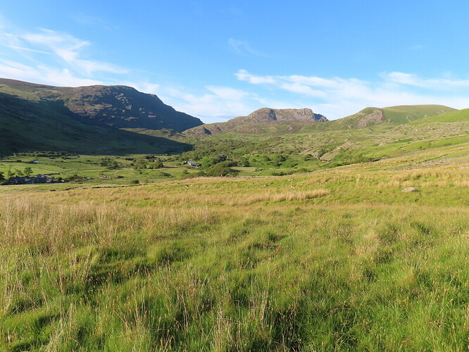 Final view of Rhinog Fawr, Rhinog Fach and Y Llethr from descent into Cwm Nantcol