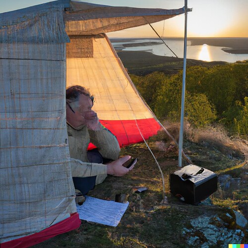 DALL·E 2023-01-14 13.17.09 - Amateur radio operator on a hilltop with a view over a lake. Operator is using a small yaesu radio and is sitting outside a Hilleberg tent. The sun is
